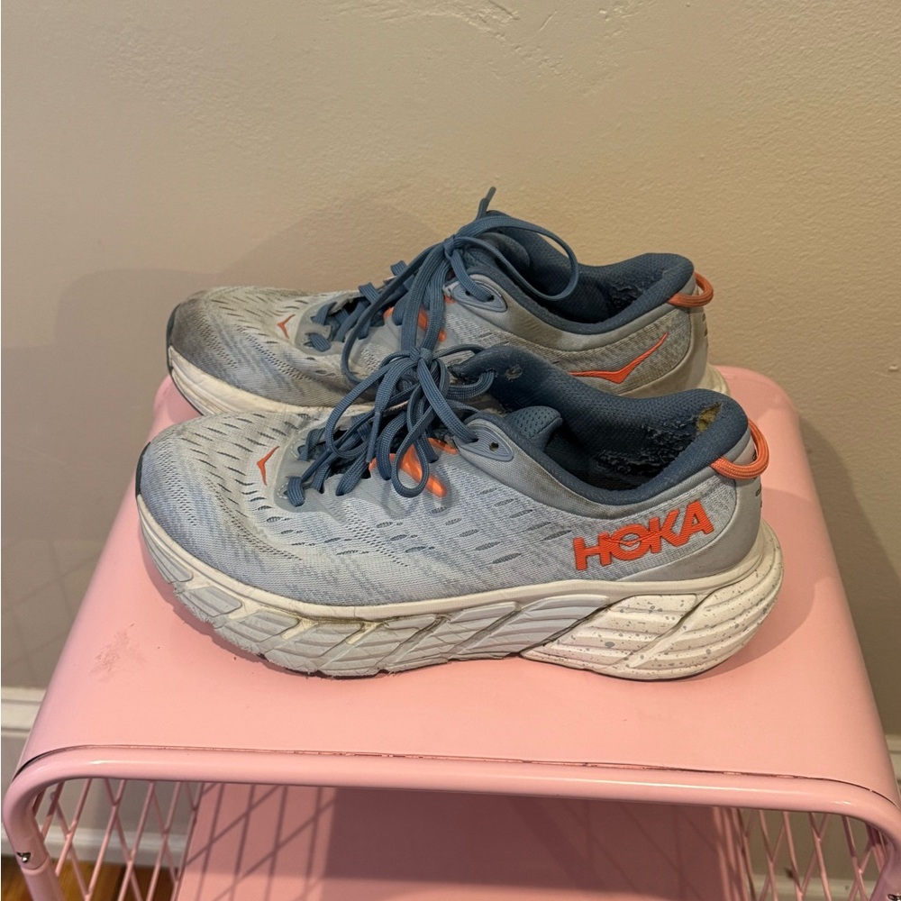 Hoka Sky Blue and Coral Athletic Shoes